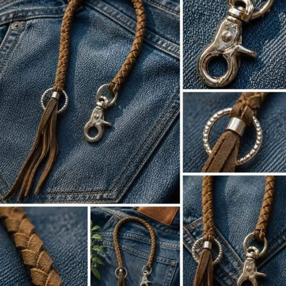 Braided Leather Wallet Lanyard Chain Long Silver Biker Trucker Handmade Brown